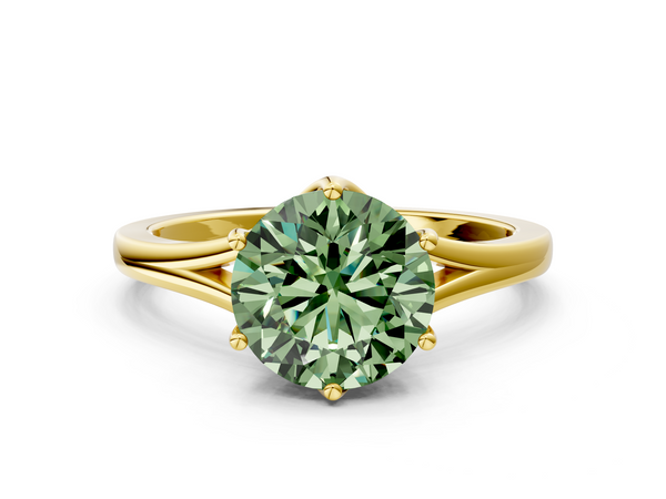 Yellow gold Fancy Green Round  Solitaire Diamond Ring with Six-Prong Setting and Tapered Band