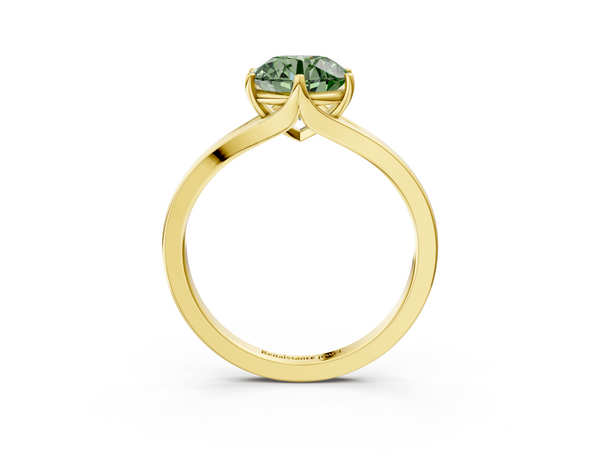 Yellow gold Fancy Green Round  Solitaire Diamond Ring with Six-Prong Setting and Tapered Band