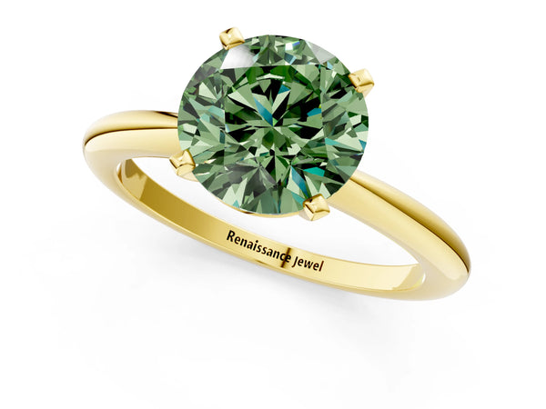 Yellow gold Fancy Green Round Cut Diamond Solitaire Ring with Six-Prong Setting and Classic Band