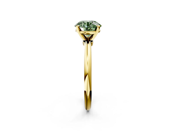 Yellow gold Fancy Green Round Cut Diamond Solitaire Ring with Six-Prong Setting and Classic Band