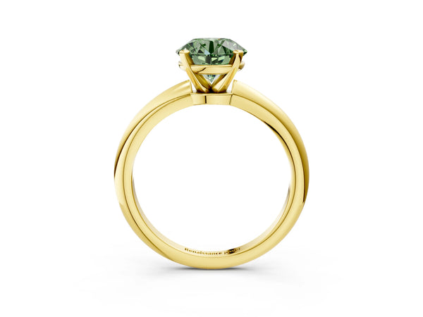 Yellow gold Fancy Green Round Cut Diamond Solitaire Ring with Six-Prong Setting and Classic Band
