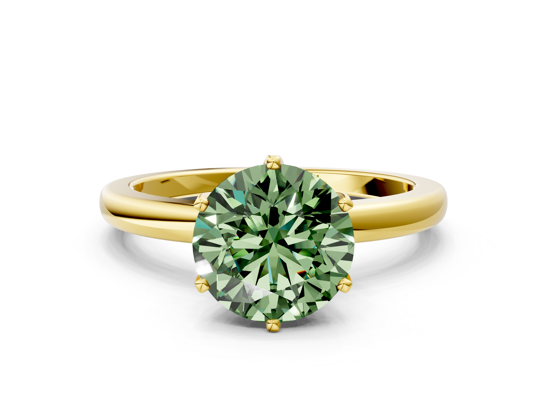 Yellow gold Fancy Green Round  Solitaire Diamond Ring with Six-Prong Setting on a Classic Band_3