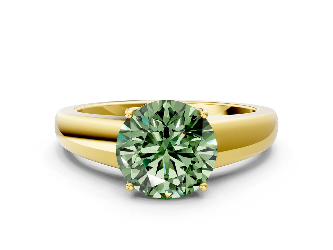 Yellow gold Fancy Green Round  Solitaire Diamond Ring with Tapered Band and Four-Prong Setting_49