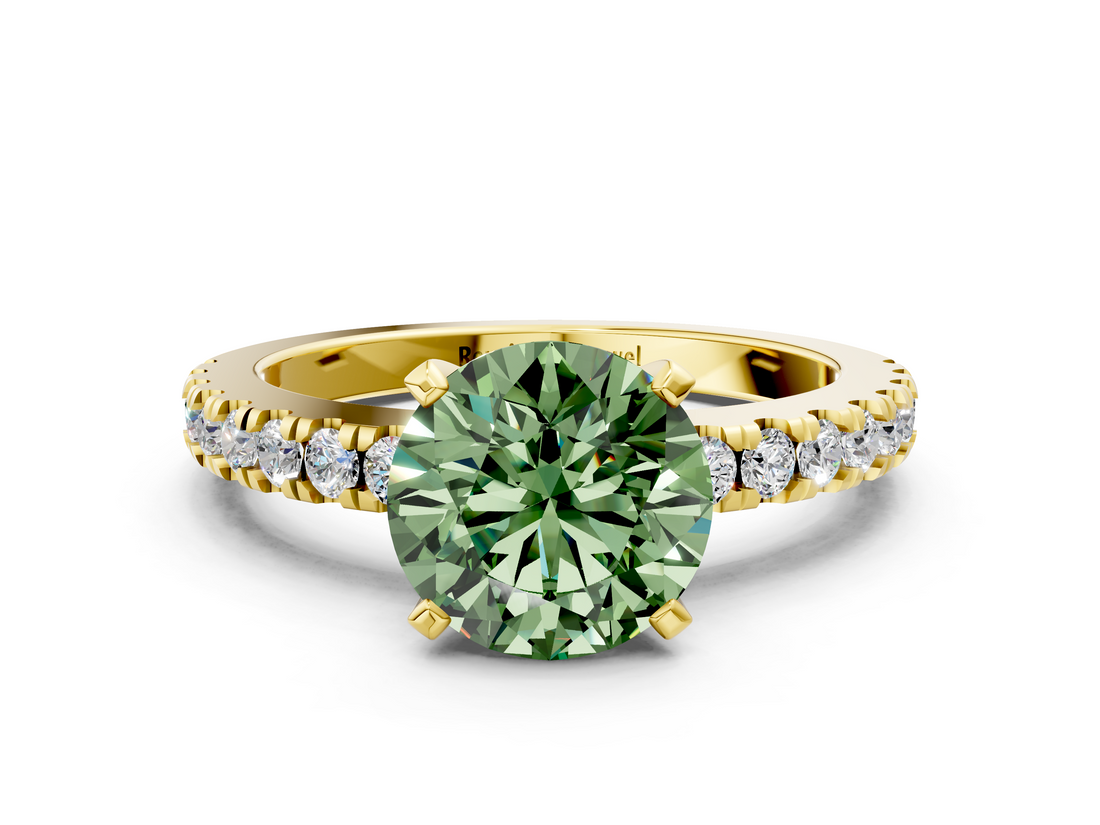 Yellow gold Fancy Green Round  Solitaire Diamond with Pavé Band and Four-Prong Setting_63
