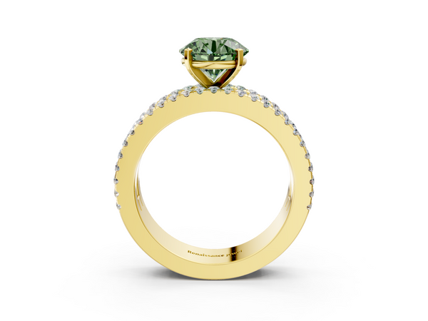 Yellow Gold Round Pave and Baguette Engagement Ring Setting for Fancy Green Center