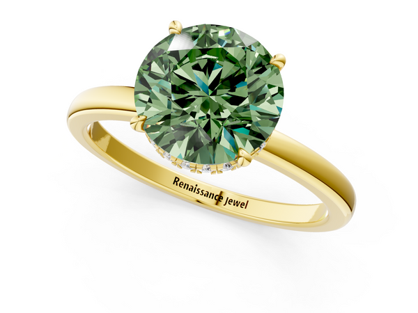 Yellow gold Fancy Green Round  Solitaire Engagement Ring with Cathedral Band and Four-Prong Setting