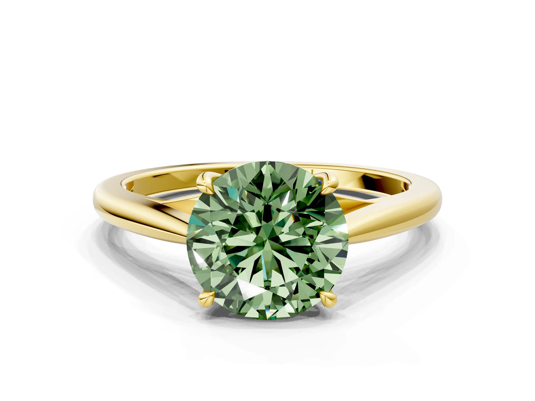 Yellow gold Fancy Green Round  Solitaire Engagement Ring with Four-Prong Setting and Classic Band 1