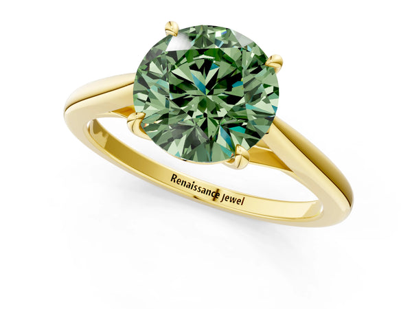 Yellow gold Fancy Green Round  Solitaire Engagement Ring with Four-Prong Setting and Classic Band