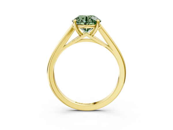 Yellow gold Fancy Green Round  Solitaire Engagement Ring with Four-Prong Setting and Classic Band