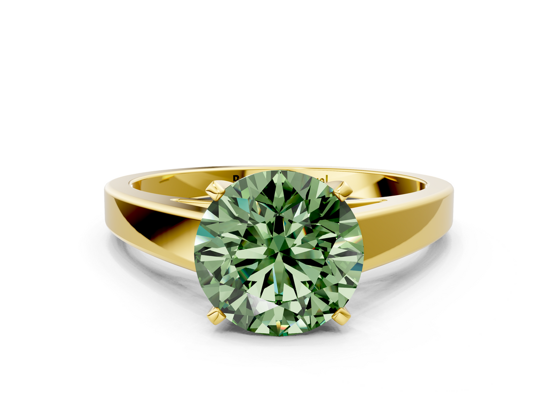 Yellow gold Fancy Green Round  Solitaire Engagement Ring with Four-Prong Setting and Tapered Band_3