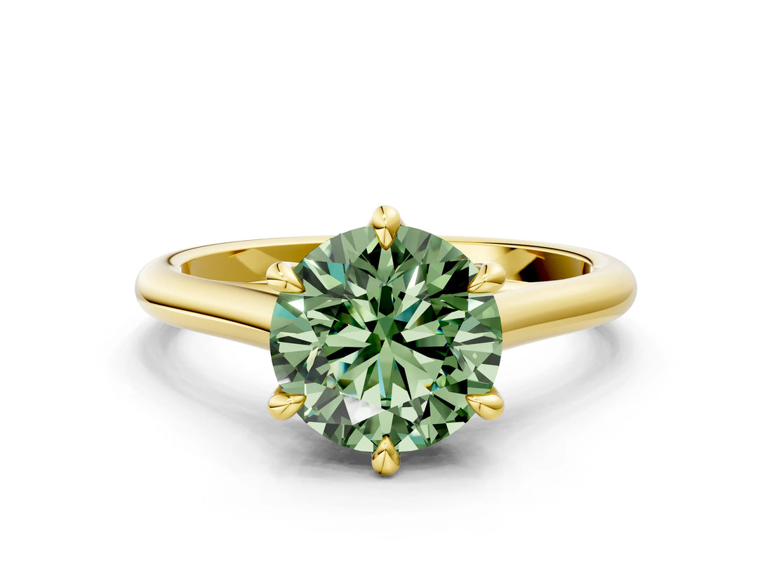 Yellow gold Fancy Green Round  Solitaire Engagement Ring with Six-Prong Setting and Classic Band