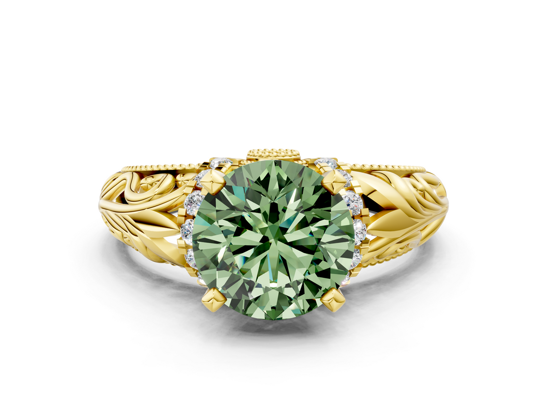 Yellow gold Fancy Green Round  Solitaire Filigree Engagement Ring with Halo and Prong Setting_75