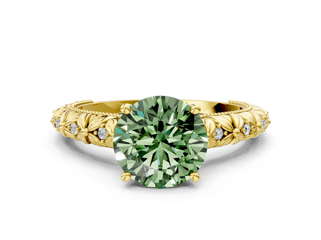 Yellow gold Fancy Green Round  Solitaire Floral Milgrain Engagement Ring_31