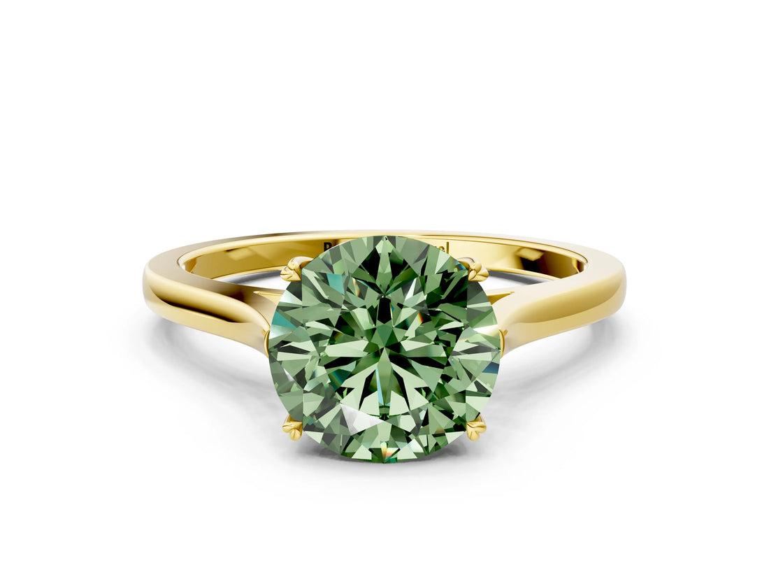 Yellow gold Fancy Green Round  Solitaire Heart Prong Engagement Ring with Tapered Band_54