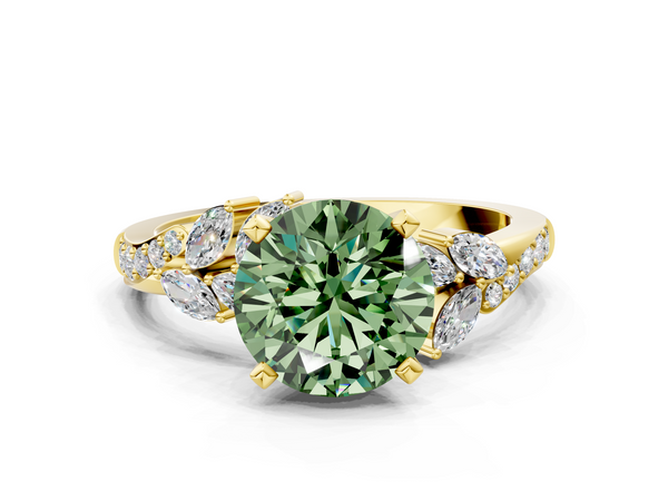 Yellow gold Fancy Green Round  Solitaire Marquise Twist Band with Six-Prong Setting