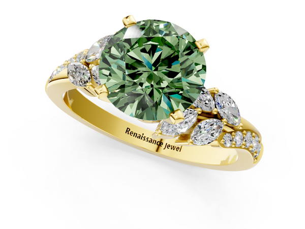 Yellow gold Fancy Green Round  Solitaire Marquise Twist Band with Six-Prong Setting