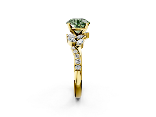 Yellow gold Fancy Green Round  Solitaire Marquise Twist Band with Six-Prong Setting