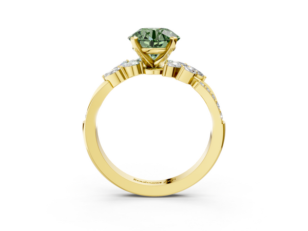 Yellow gold Fancy Green Round  Solitaire Marquise Twist Band with Six-Prong Setting