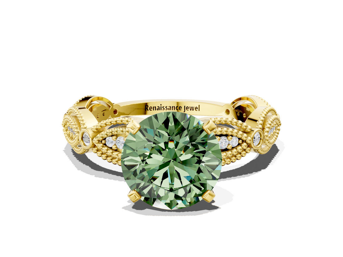 Yellow gold Fancy Green Round  Solitaire Milgrain Diamond Engagement Ring with Bezel and Marquise Band_146