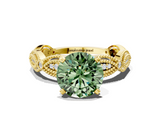 Yellow gold Fancy Green Round  Solitaire Milgrain Diamond Engagement Ring with Bezel and Marquise Band_146