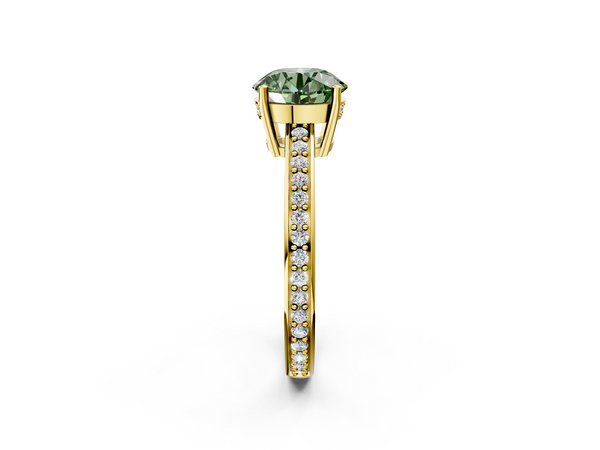 Yellow gold Fancy Green Round  Solitaire Pavé Band Prong Setting Ring