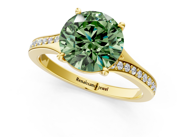 Yellow gold Fancy Green Round Cut Diamond Solitaire Ring with Pavé Band and Prong Setting