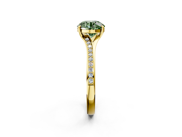 Yellow gold Fancy Green Round Cut Diamond Solitaire Ring with Pavé Band and Prong Setting