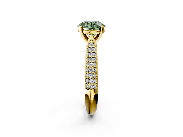 Yellow gold Fancy Green Round  Diamond Solitaire Engagement Ring with Pavé Band and Four-Prong Setting