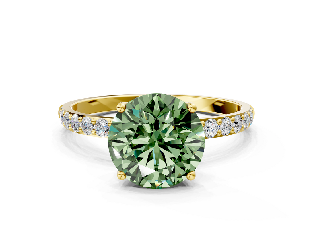 Yellow gold Fancy Green Round  Solitaire Pavé Diamond Engagement Ring with Four-Prong Setting_24