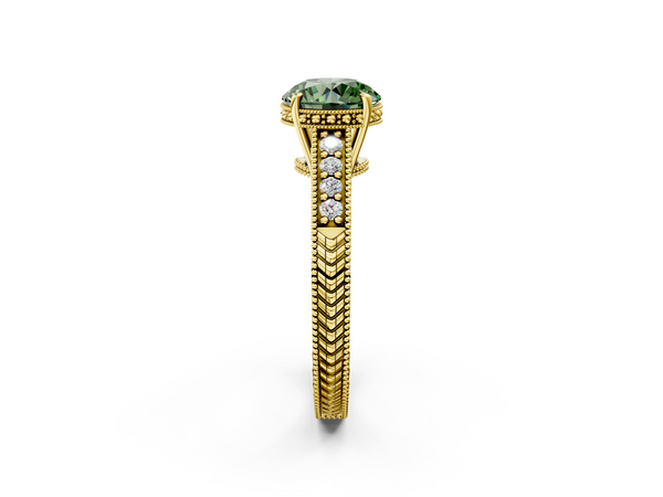 Yellow gold Fancy Green Round  Solitaire Pavé Diamond Milgrain Engagement Ring with Four-Prong Setting
