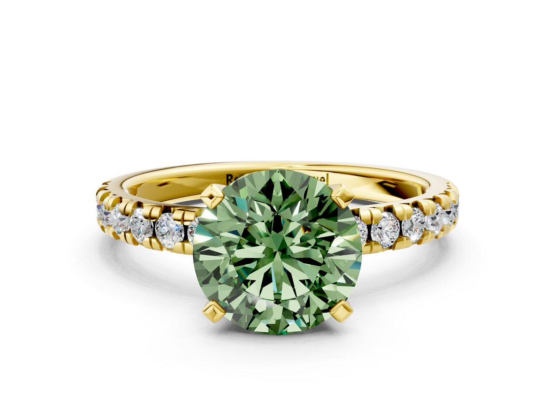 Yellow gold Fancy Green Round  Solitaire Pave Diamond Engagement Ring with Four-Prong Setting_184