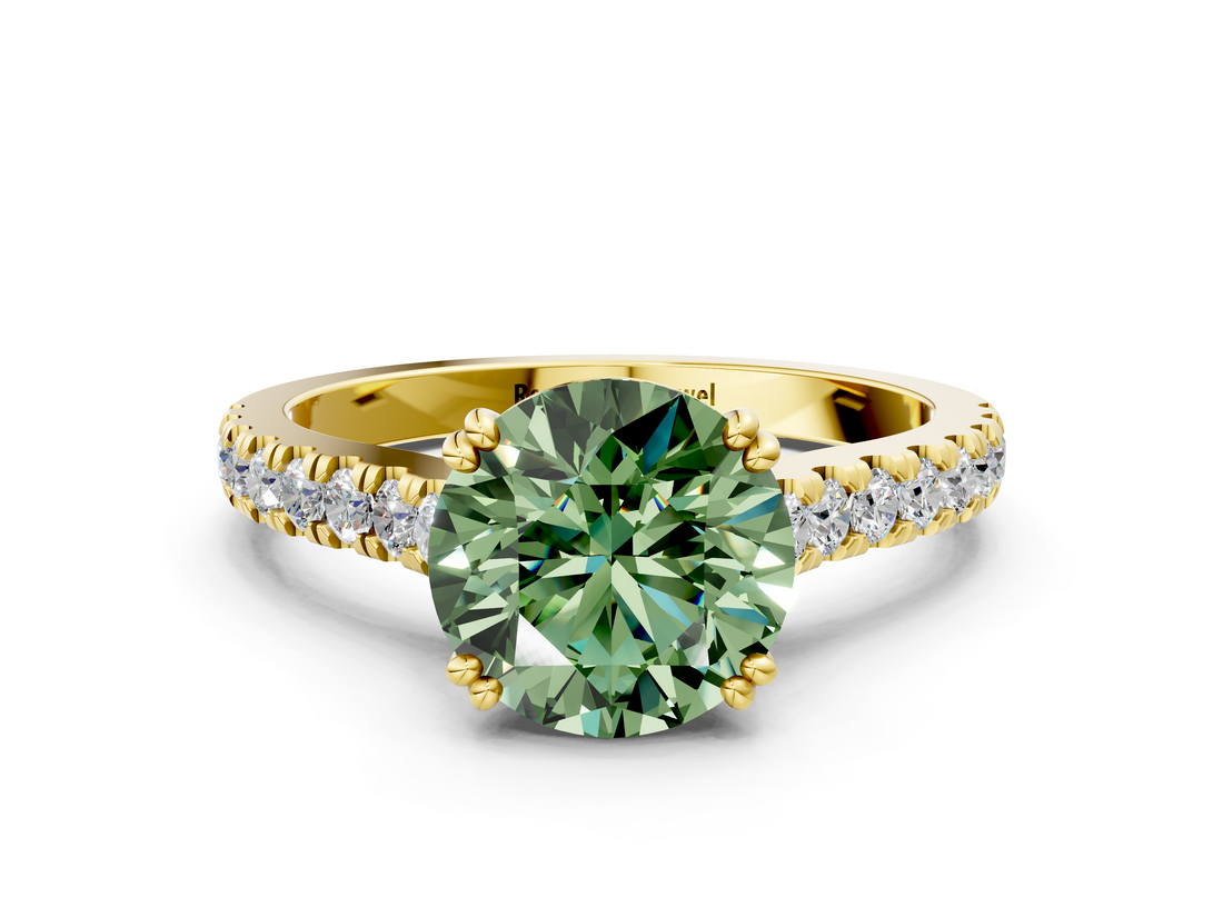 Yellow gold Fancy Green Round  Solitaire Pave Diamond Engagement Ring with Prong Setting_20