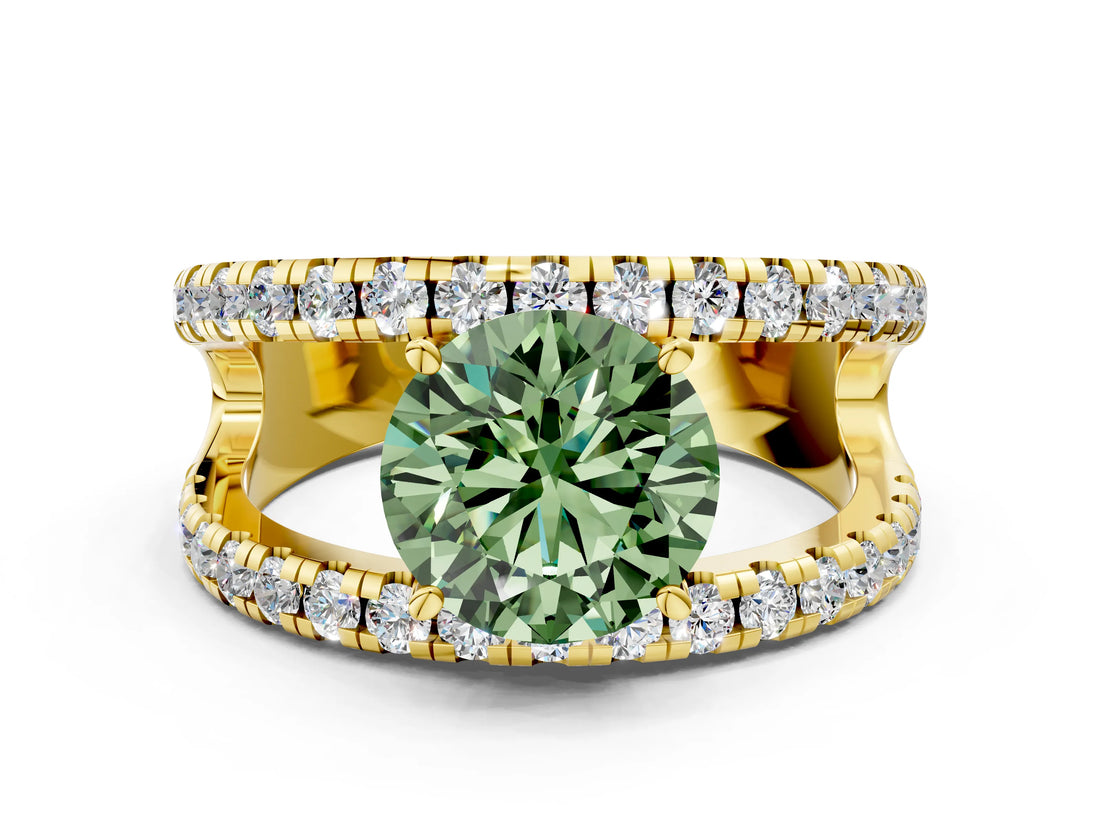Yellow gold Fancy Green Round  Solitaire Split Shank Pave Diamond Ring_49
