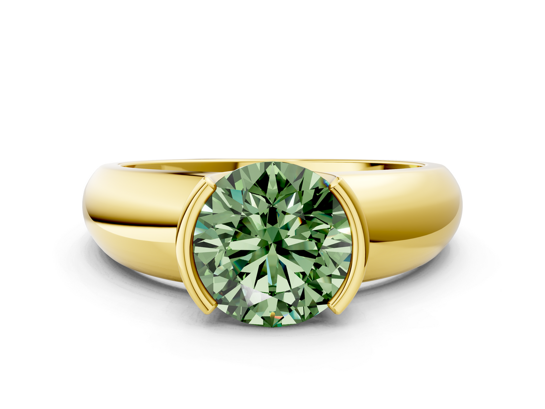Yellow gold Fancy Green Round  Solitaire Tension Set Diamond Ring with Wide Band_20
