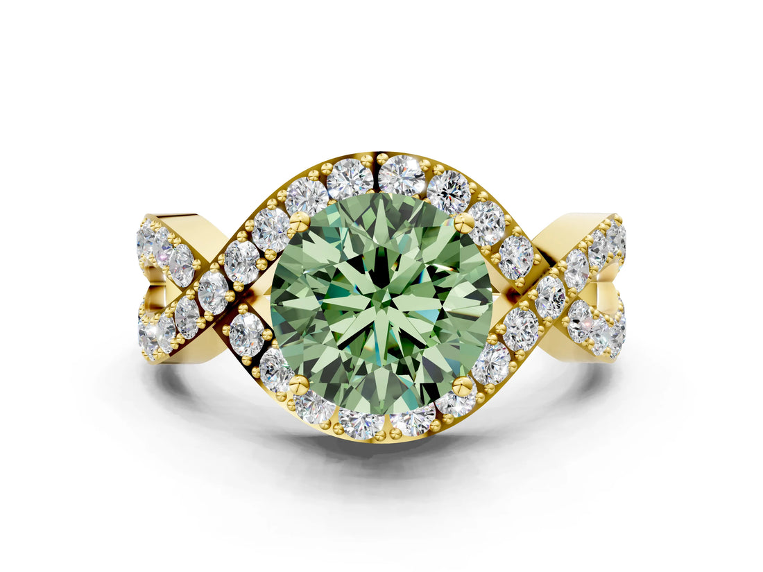 Yellow gold Fancy Green Round  Solitaire Twist Band Pavé Diamond Engagement Ring_32
