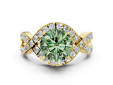 Yellow gold Fancy Green Round  Solitaire Twist Band Pavé Diamond Engagement Ring_32