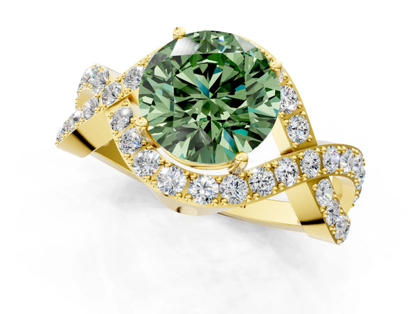 Yellow Gold Round Infinity Twist Engagement Ring Setting for Fancy Green Center with Pave Ribbons