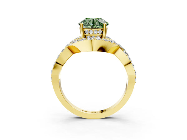 Yellow Gold Round Infinity Twist Engagement Ring Setting for Fancy Green Center with Pave Ribbons