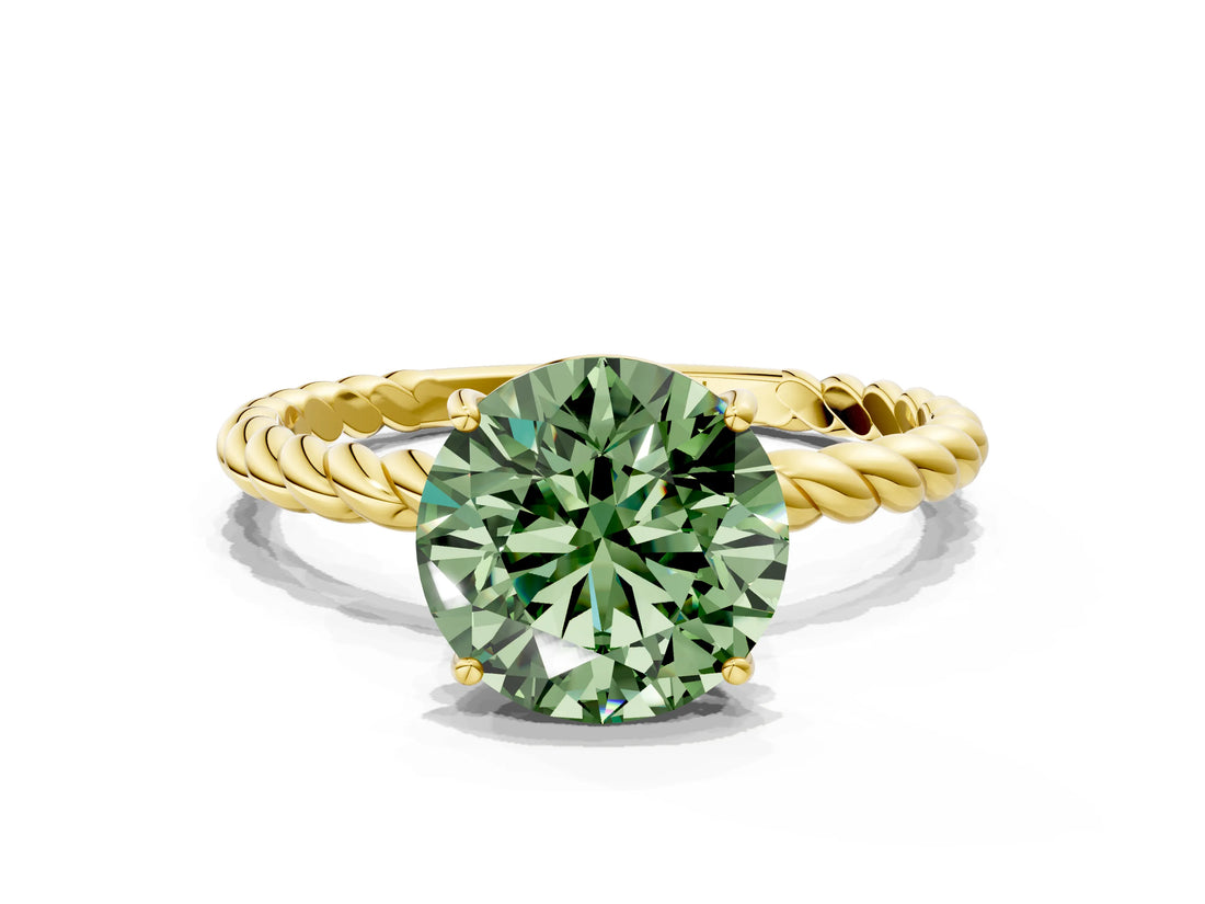 Yellow gold Fancy Green Round  Solitaire Twist Band Ring with Four-Prong Setting_12