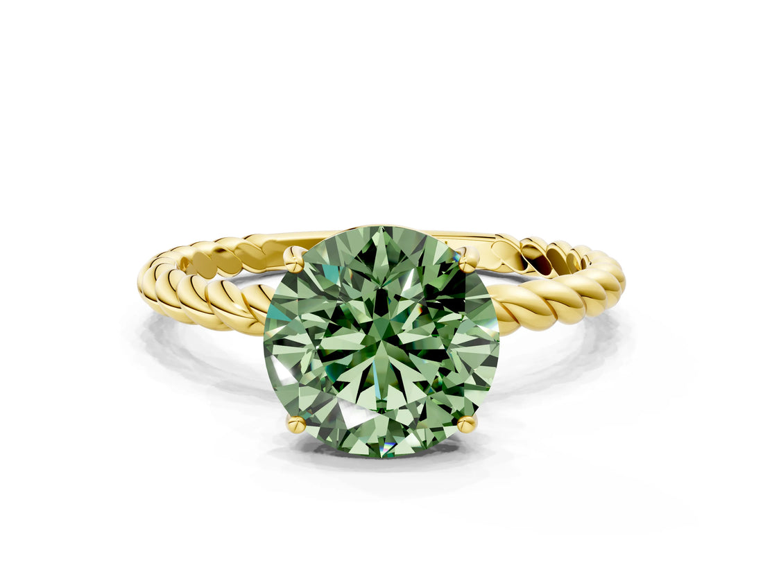 Yellow gold Fancy Green Round  Solitaire Twist Band Ring with Four-Prong Setting_68