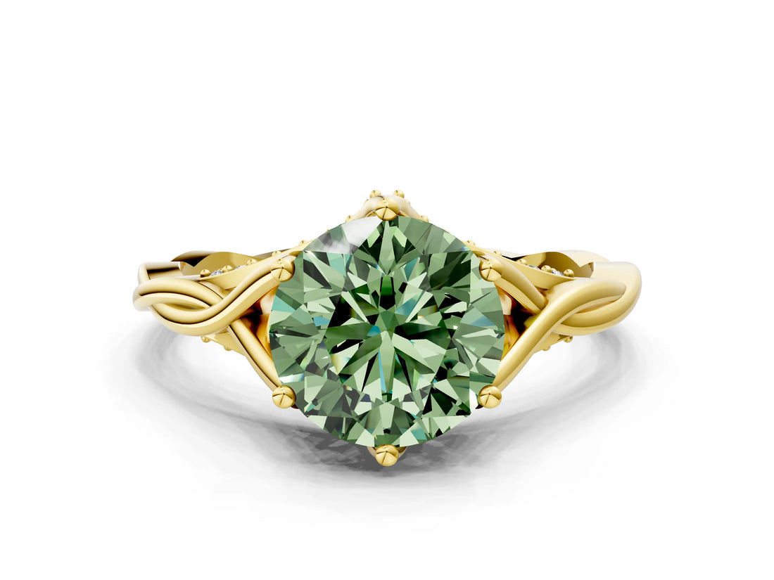 Yellow gold Fancy Green Round  Solitaire Twist Band Six-Prong Setting 2