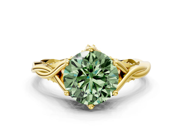 Yellow Gold Round Twisted Solitaire Engagement Ring Setting for Fancy Green Center with Pave Shoulders and Gallery