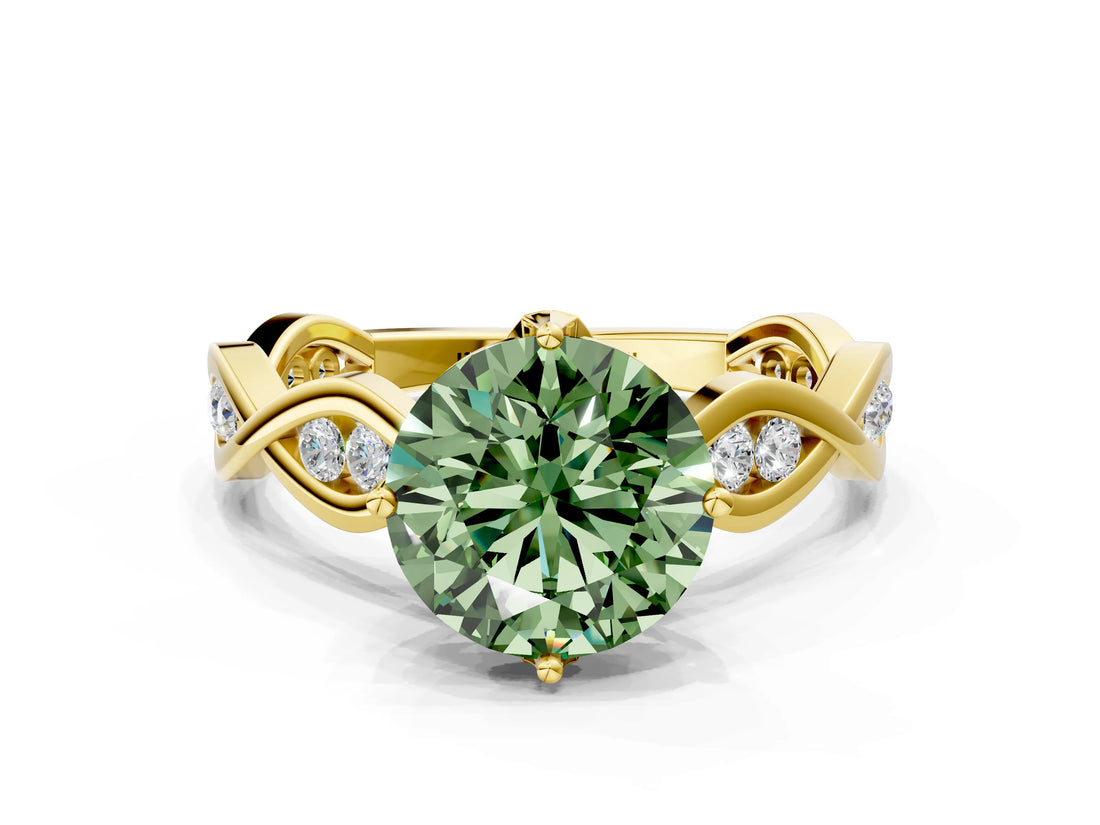 Yellow gold Fancy Green Round  Solitaire Twist Band with Leaf Prong Setting
