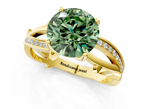 Yellow gold Fancy Green Round  Solitaire Twist Band with Pavé Accents and Four-Prong Setting