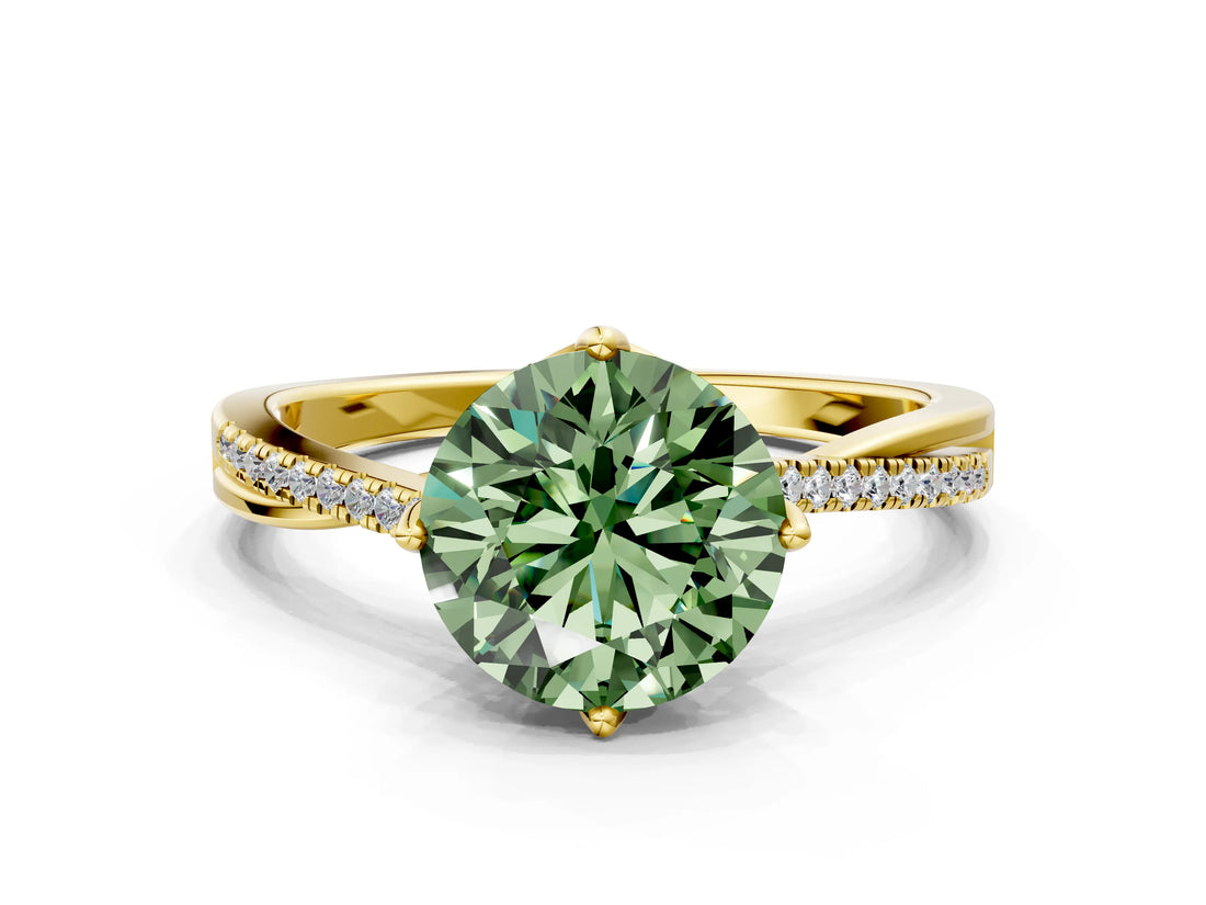 Yellow gold Fancy Green Round  Solitaire Twist Band with Pavé Diamonds and Four-Prong Setting_53