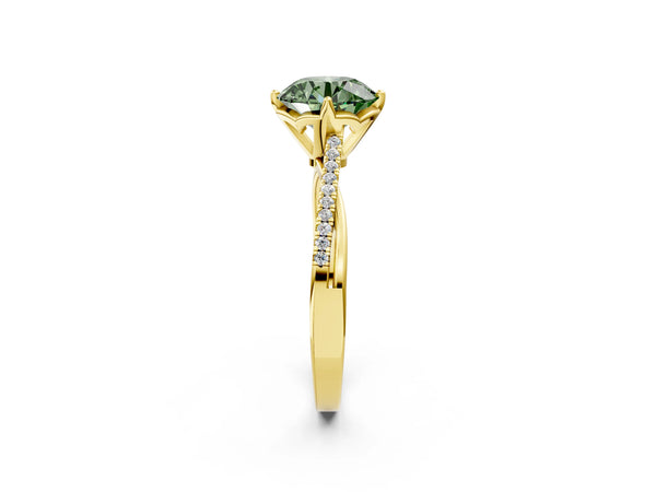 Yellow Gold Round Pave Twist Solitaire Engagement Ring Setting for Fancy Green Center