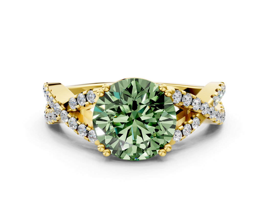 Yellow gold Fancy Green Round  Solitaire Twist Band with Pavé Setting and Four-Prong Setting_17