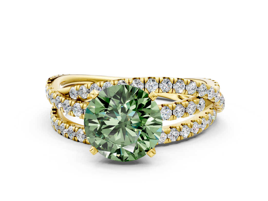 Yellow gold Fancy Green Round  Solitaire Twist Band with Pavé Setting and Four-Prong Setting_76