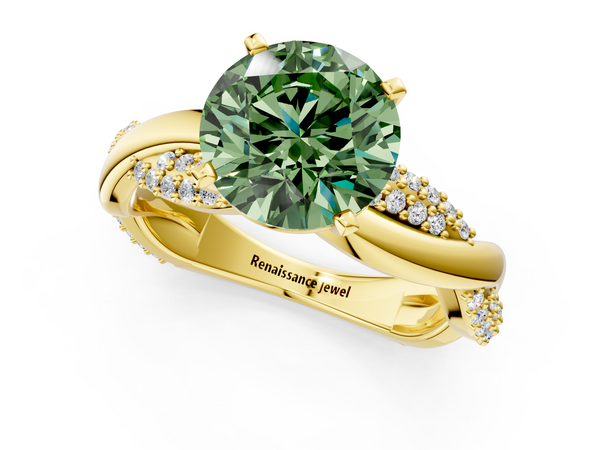 Yellow gold Fancy Green Round  Solitaire Twist Band with Pave Prong Setting