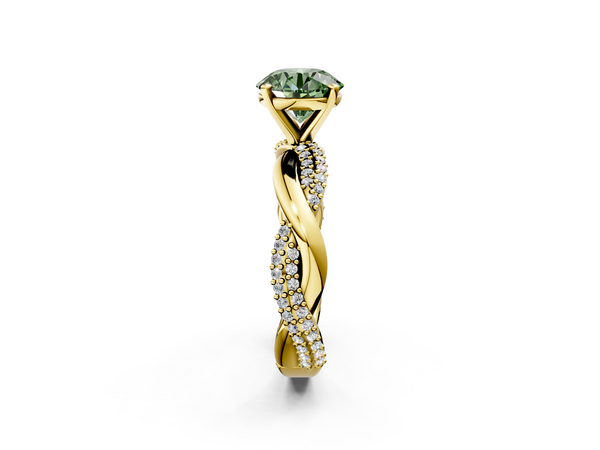 Yellow gold Fancy Green Round  Solitaire Twist Band with Pave Prong Setting